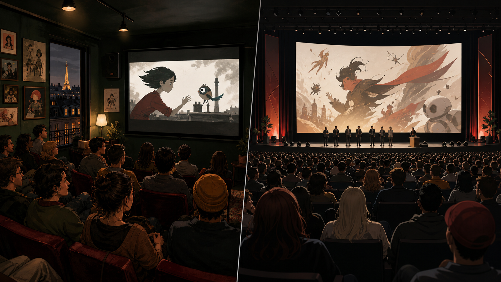 Side-by-side view of an intimate animation screening and a large international festival auditorium.