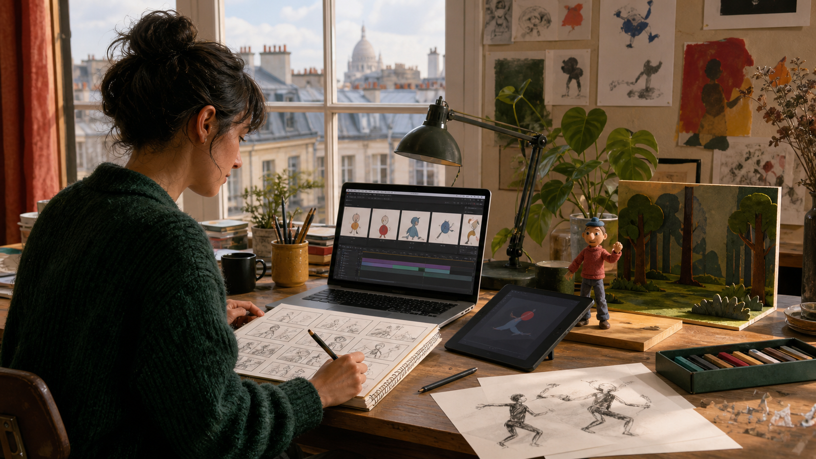Beginner animator working with storyboard sketches, a drawing tablet, and a stop-motion figure in a Paris studio.