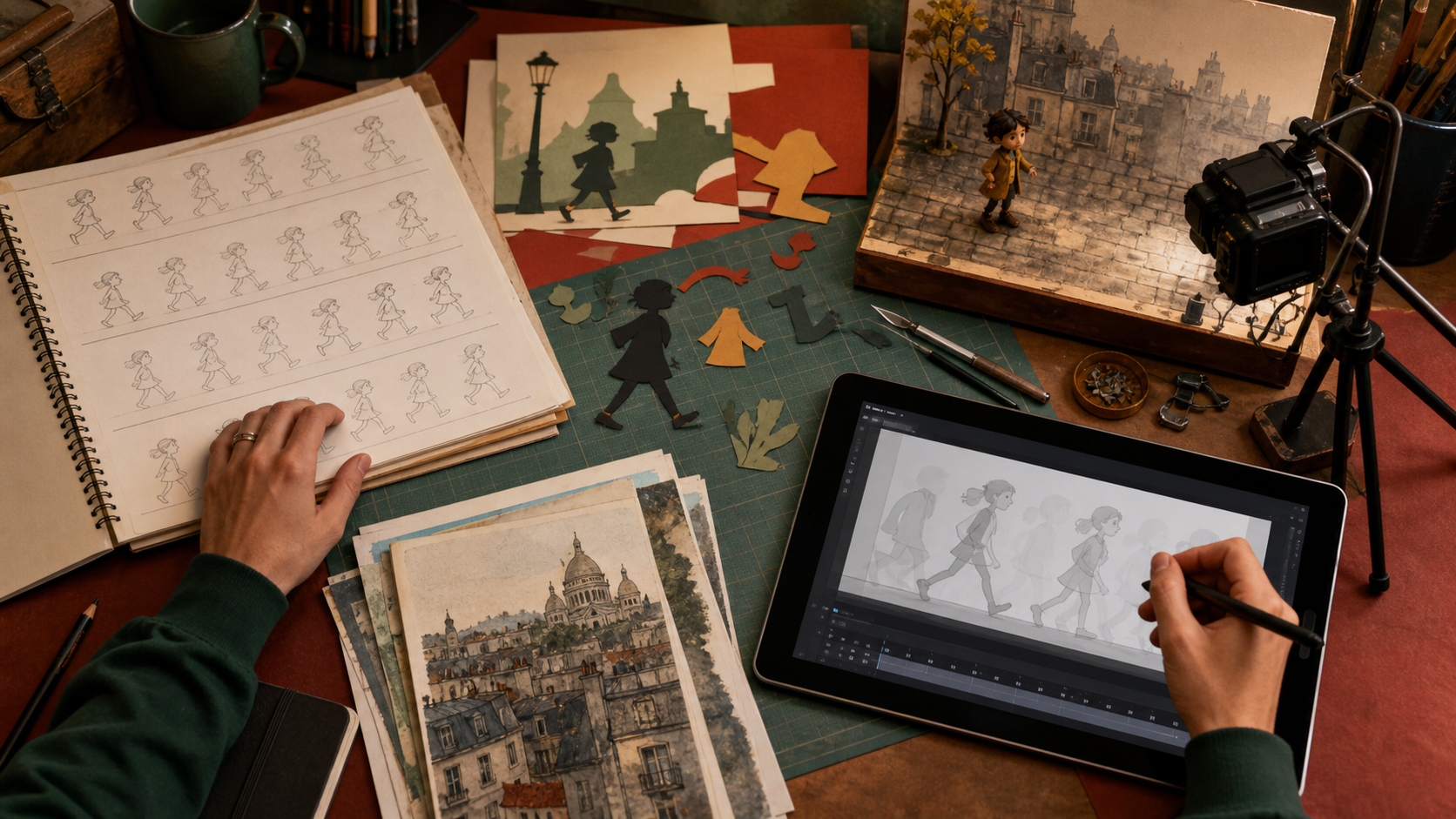 Hands comparing hand-drawn frames, cut-paper pieces, stop-motion objects, and digital animation tools.