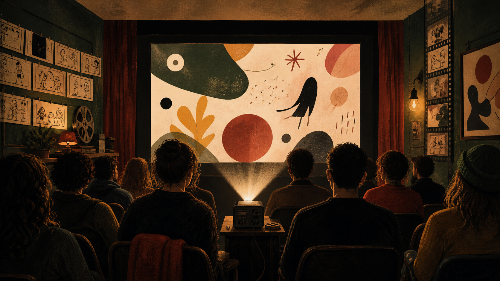 Audience watching original animated short films in an intimate Paris cinema as a projector lights the screen.