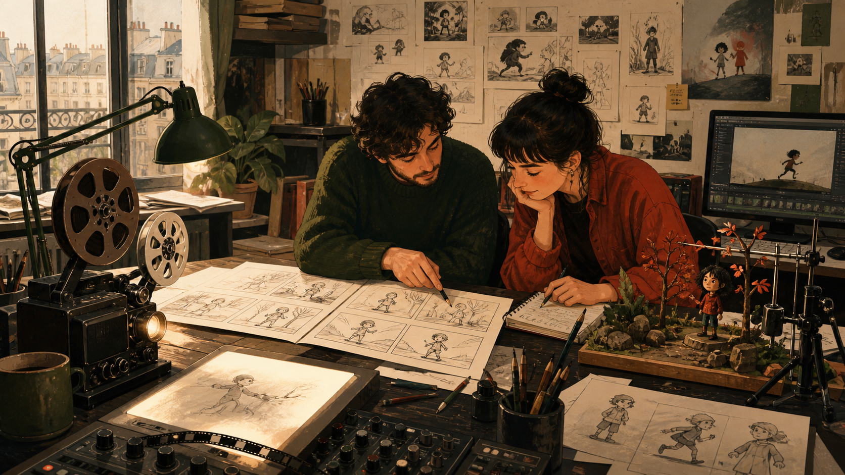 Two animators reviewing storyboards, drawn frames, and a stop-motion set in a compact Paris studio.